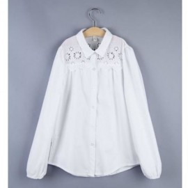 TURN-DOWN COLLAR OPENWORK FLOWERS GIRLS LONG SLEEVE SHIRT WITH BUTTON (WHITE)