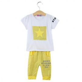2PCS LATTICE PATTERN LOVELY CHILDREN SHORT SLEEVE T-SHIRT PANTS SUITS (YELLOW)