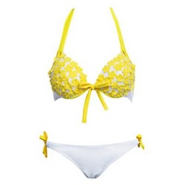 SEXY LADIES FLORAL TANKINIS PUSH-UP PADDED BRA BIKINI SET SWIMSUIT (WHITE AND YELLOW)