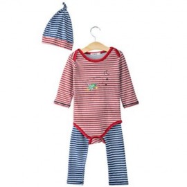 3PCS JEWEL NECK LONG SLEEVE STRIPED JUMPSUIT LONG PANTS WITH HAT FOR BABY BOYS (RED)