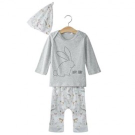 3PCS CUTE BUNNY PRINTED JEWEL COLLAR LONG SLEEVE T-SHIRT LONG PANTS WITH HAT FOR BABIES (G