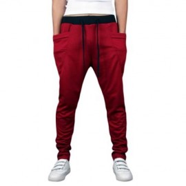CASUAL DRAWSTING POCKET DESIGN COTTON BLEND HAREM PANTS FOR MEN (WINE RED)