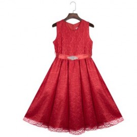 REFINED V-NECK SLEEVELESS FLOWER LACE PARTY DRESS WITH RHINESTONE BELT FOR GIRLS (RED)
