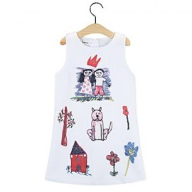 CUTE CARTOON PRINTED SLEEVELESS GIRLS DRESS WITH ZIPPER (WHITE)