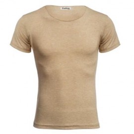 CASUAL ROUND COLLAR SHORT SLEEVE SOLID COLOR COTTON BLEND T-SHIRT FOR MEN (BEIGE)