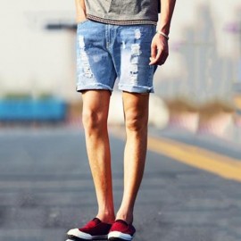 STREET STYLE BUTTON DESIGN FRAYED DENIM SHORTS FOR MEN (DEEP BLUE)