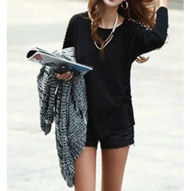 SIMPLE ALL-MATCH SOLID COLOR SCOOP COLLAR RIVET SHOULDER LONG SLEEVES WOMEN'S T-SHIRT