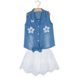 2PCS STYLISH TURN DOWN NECK SLEEVELESS STAR APPLIQUE DEMIN GIRLS SHIRT WITH GAUZE FLORAL S