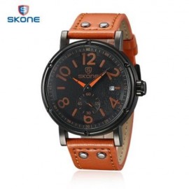 SKONE 9429EG MEN QUARTZ WATCH SECONDS SUB-DIAL DATE DISPLAY LEATHER STRAP WRISTWATCH WITH 