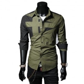 TRENDY TURN DOWN COLOR FULL SLEEVE COLOR BLOCK SHIRT FOR MEN (ARMY GREEN)