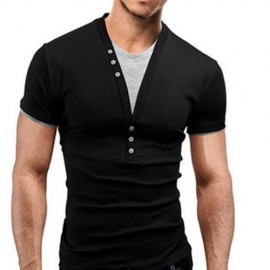 CASUAL ROUND COLOR SHORT SLEEVE COLOR BLOCK T-SHIRT FOR MEN (BLACK)