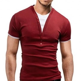 CASUAL ROUND COLOR SHORT SLEEVE COLOR BLOCK T-SHIRT FOR MEN (WINE RED)