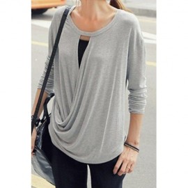 SIMPLE DESIGN SCOOP NECK LONG SLEEVE LOOSE-FITTING T-SHIRT FOR WOMEN