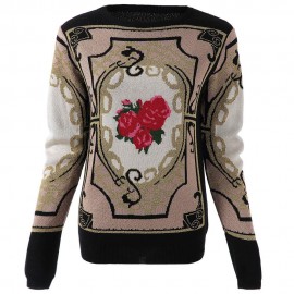 FLORAL PRINT ACRYLIC LONG SLEEVE RETRO STYLE ROUND COLLAR WOMEN'S SWEATER