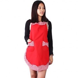 WOMEN KITCHEN BIB APRON CUTE COOKING FLIRTY VINTAGE DRESS WITH BOWKNOT POCKET (RED)