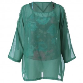 ELEGANT OFF-THE-SHOULDER LONG SLEEVE CHIFFON BLOUSE   FLORAL PRINT VEST WOMEN'S TWINSET