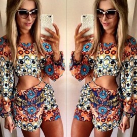 STYLISH SCOOP NECK LONG SLEEVE PRINTED CRISS-CROSS WOMEN'S ROMPER