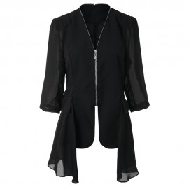 STYLISH V-NECK 3/4 SLEEVE CHIFFON SPLICED ZIPPERED WOMEN'S JACKET
