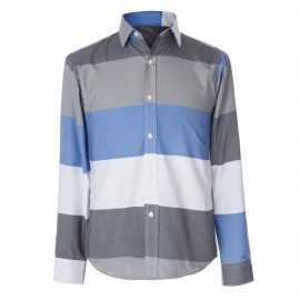 TRENDY DISTINCT COLOR BLOCK STRIPES PRINT TURN-DOWN COLLAR SLIMMING LONG SLEEVES MEN'S SHI