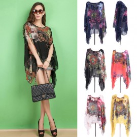VINTAGE SCOOP COLLAR BATWING SLEEVE FLORAL PRINT ASYMMETRICAL CHIFFON WOMEN'S BLOUSE