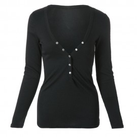 STYLISH V-NECK LONG SLEEVE BUTTON DESIGN SOLID COLOR WOMEN'S BLOUSE