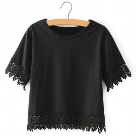 FRESH STYLE ROUND NECK SHORT SLEEVE LACE SPLICED PURE COLOR WOMEN'S T-SHIRT