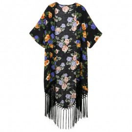 STYLISH COLLARLESS HALF SLEEVE FLORAL PRINT FRINGED WOMEN'S KIMONO BLOUSE