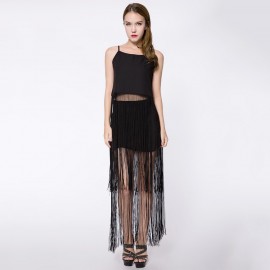 STYLISH SPAGHETTI STRAP PURE COLOR TANK TOP   ELASTIC WAIST FRINGED SKIRT WOMEN'S TWINSET