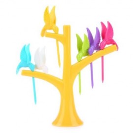 FASHION DESIGN CREATIVE BIRD 6PCS PLASTIC SAFETY FRUIT DESSERT SALAD FORKS (YELLOW)