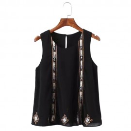 RETRO STYLE SCOOP COLLAR EMBRIODERY CHIFFON WOMEN'S TANK TOP