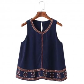 VINTAGE SCOOP COLLAR PRINTED EMBRIODERY CHIFFON WOMEN'S TANK TOP