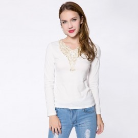 FASHIONABLE V-NECK LACEWORK SPLICING LONG SLEEVE WOMEN'S T-SHIRT
