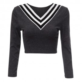 STYLISH V-NECK LONG SLEEVE STRIPED WOMEN'S CROP TOP