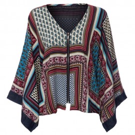 RETRO STYLE ZIPPERED BATWING SLEEVE TRIBAL PRINT WOMEN'S KIMONO BLOUSE
