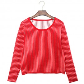 STYLISH SCOOP COLLAR LONG SLEEVE STRIPED KNITTED WOMEN'S SWEATER