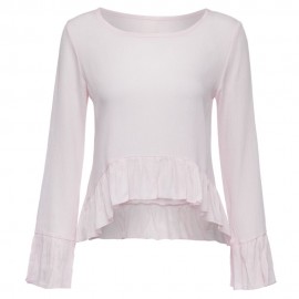 STYLISH SCOOP COLLAR FLARE SLEEVE PURE COLOR FLOUNCED WOMEN'S BLOUSE