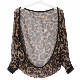 SEXY COLLARLESS BATWING SLEEVE LEOPARD SEE-THROUGH WOMEN'S BLOUSE