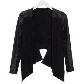 STYLISH COLLARLESS LONG SLEEVE FAUX LEATHER SPLICED ASYMMETRICAL WOMEN'S JACKET