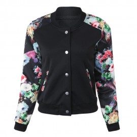 STYLISH ROUND COLLAR LONG SLEEVE FLORAL PRINT BUTTON DESIGN WOMEN'S BASEBALL COAT