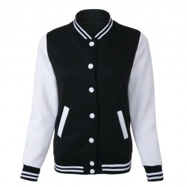 CASUAL STAND COLLAR LONG SLEEVE COLOR BLOCK BUTTON DESIGN WOMEN'S BASEBALL COAT