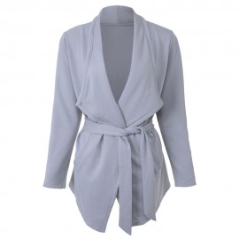 STYLISH TURN DOWN COLLAR LONG SLEEVE PURE COLOR LACE-UP ASYMMETRICAL WOMEN'S COAT