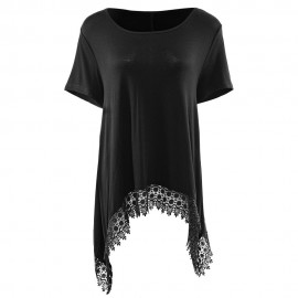 FASHIONABLE ROUND NECK SHORT SLEEVE LACE STITCHING DOVETAIL HEM LOOSE FITTING WOMEN'S BLOU