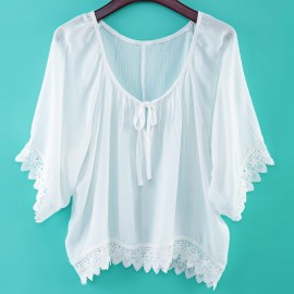 STYLISH ROUND NECK 3/4 BELL SLEEVE LACE STITCHING DESIGN WOMEN'S BLOUSE