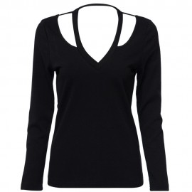 FASHION SEXY DEEP V COLLAR LONG SLEEVE HOLLOW BACKLESS DESIGN WOMEN'S T-SHIRT