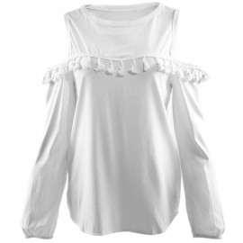 STYLISH ROUND NECK LONG SLEEVE TASSELS SHOULDER DESIGN WOMEN'S CHIFFON SHIRT