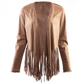 STYLISH COLLARLESS LONG SLEEVE FRINGED STITCHING DESIGN WOMEN'S COAT.
