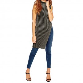 STYLISH TURTLENECK SLEEVELESS STRIPED SLIT KNITTED WOMEN'S SWEATER