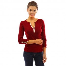 FASHIONABLE SEXY DEEP V NECK LONG SLEEVE BUTTON DESIGN SLIM WOMEN'S T-SHIRT