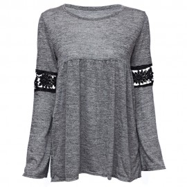 STYLISH ROUND COLLAR LONG SLEEVE HOLLOW OUT LACE STITCHING WOMEN'S T-SHIRT
