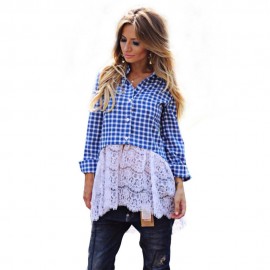 STYLISH TURN-DOWN COLLAR LONG SLEEVE LATTICE AND LACE STITCHING WOMEN'S SHIRT